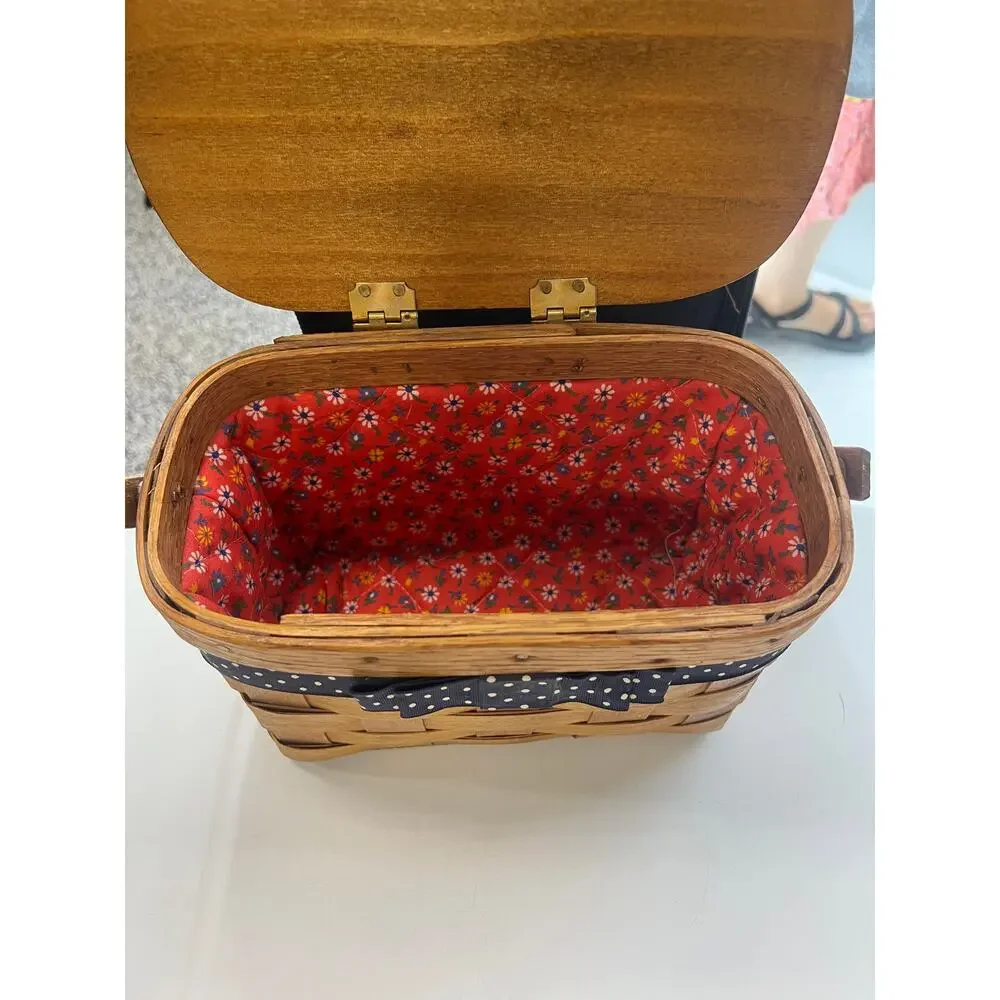 Folk Art Hand Painted vintage hand-painted wooden basket purse picnic box ribbon